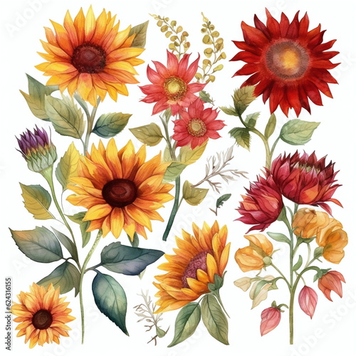 Blumen zum Dekorieren einer Hochzeitskarte mit Sonnenblumen und Dahlien in gelben und roten Farbtönen, Aquarell Stil, 10, AI generiert