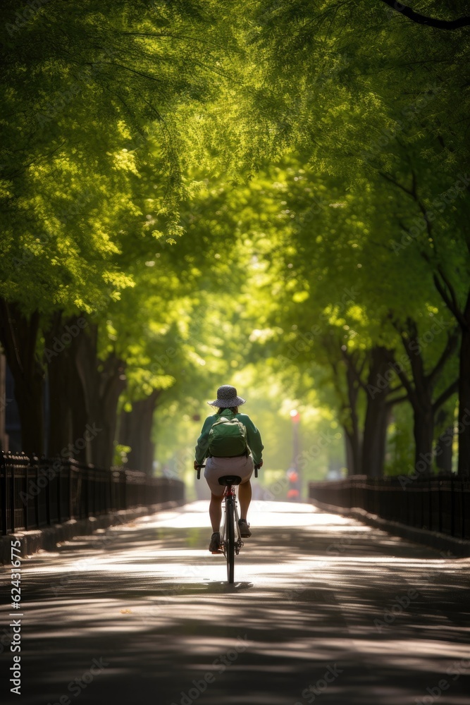 Cyclist riding throught street with trees. Cyclist riding throught street with trees.