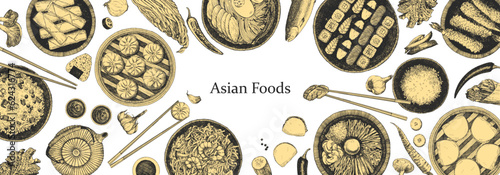 Asian Restaurant Menu. Hand-drawn illustration of dishes and products. Ink. Vector