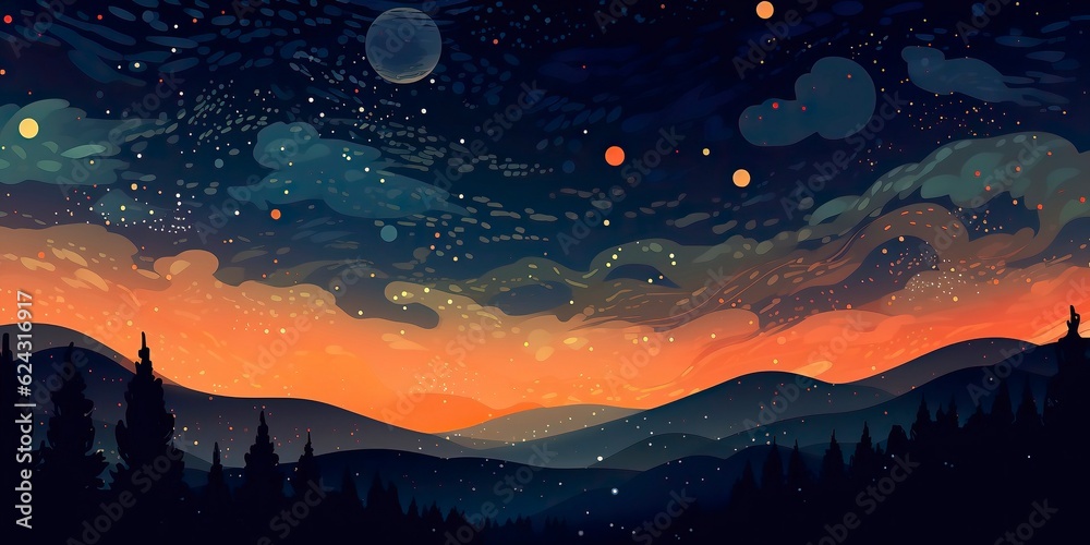 A background adorned with a mesmerizing array of stars in the night sky. Illustration. Generative AI