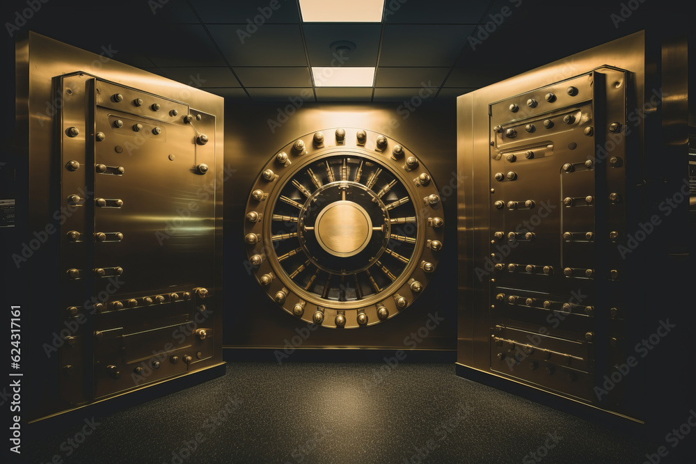 Exploring the Wealth of a Bank Vault: Unveiling the Golden Walls, Stacks of Gold Bars, and Currency Reserves, Generative AI. Exploring the Wealth of a Bank Vault: Unveiling the Golden Walls, Stacks of Gold Bars, and Currency Reserves, Generative AI.