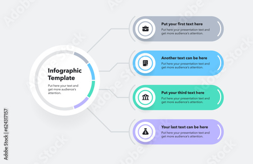 Modern linear infographic template with four colorful options. Simple flat presentation diagram with icons and places for your texts.