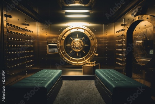 Exploring the Wealth of a Bank Vault: Unveiling the Golden Walls, Stacks of Gold Bars, and Currency Reserves, Generative AI. photo