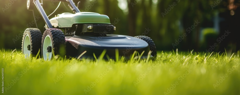 Fototapeta premium A lawn mower is being used to mow the grass, panorama. Generative Ai.
