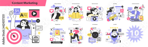 Content marketing set. Brand or product advertising with entertaining