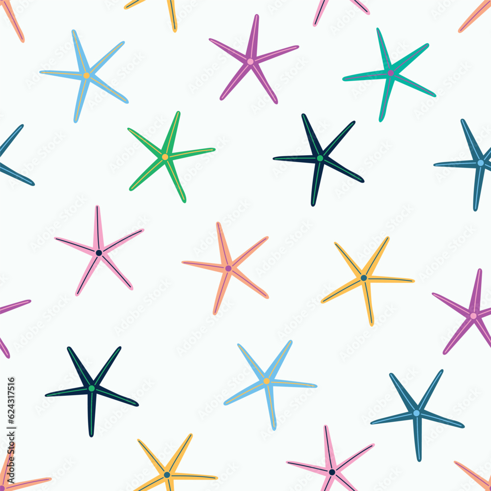 Hand drawn starfish seamless pattern. Summer pattern for package, wrapping paper, banner, print, card, gift, fabric, card, textile, wallpaper. Vector summer background. Hand drawn starfish seamless pattern. Summer pattern for package, wrapping paper, banner, print, card, gift, fabric, card, textile, wallpaper. Vector summer background.