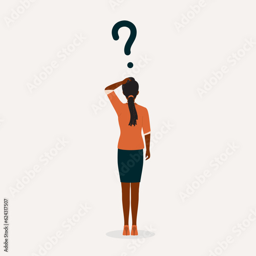 Back View Of A Black Businesswoman With Question Mark Scratching Her Head. Full Length. Flat Design Style, Character, Cartoon.