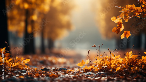 A photo of a beautiful autumn forest landscape with autumn yellow leaves, postcard © HelgaQ