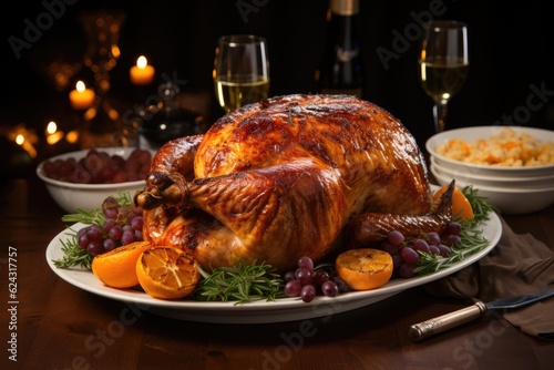 Christmas or thanksgiving turkey on table. Generative AI