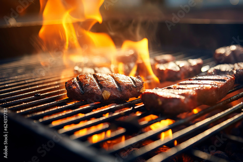 Smoky summer sizzling BBQ grill with flames and barbecue meat.