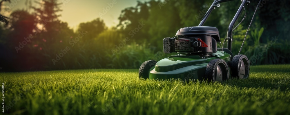 A lawn mower is being used to mow the grass, panorama. Generative Ai.