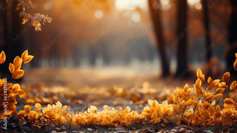 A photo of a beautiful autumn forest landscape with autumn yellow leaves, postcard
