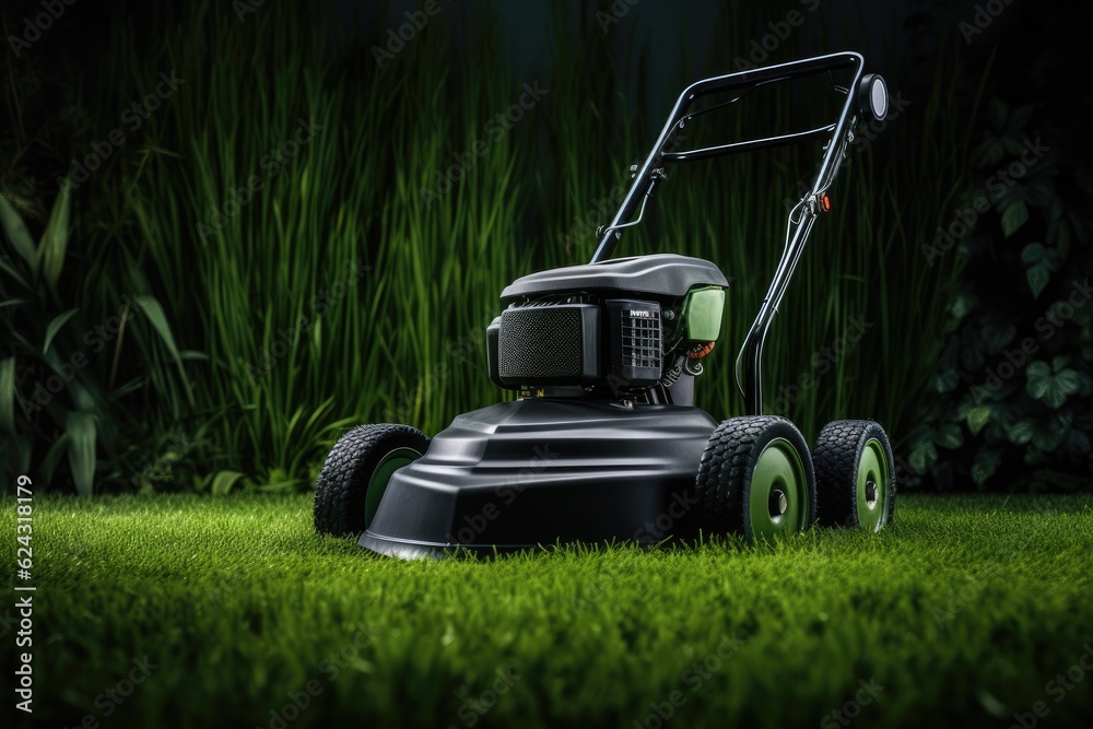 Fototapeta premium Lawn mower on perfect cut green grass, dark green leaf wall. Generative Ai.