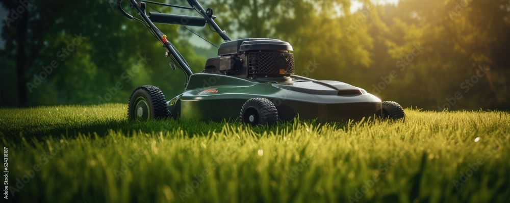 Fototapeta premium Lawn mower on perfect cut green grass, dark green leaf wall, panorama. Generative Ai.