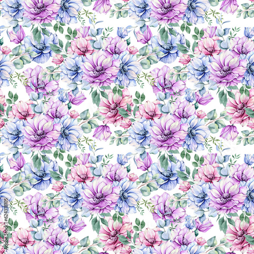 Elegant floral Seamless pattern with watercolor anemone flowers and greenery. Seamless floral background in pink  blue and purple colors