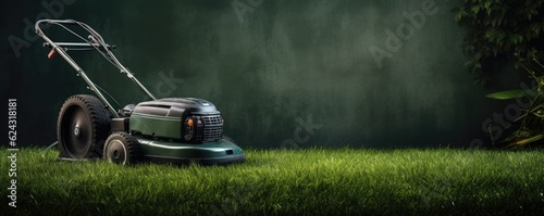 Lawn mower on perfect cut green grass, dark green leaf wall, panorama. Generative Ai. photo