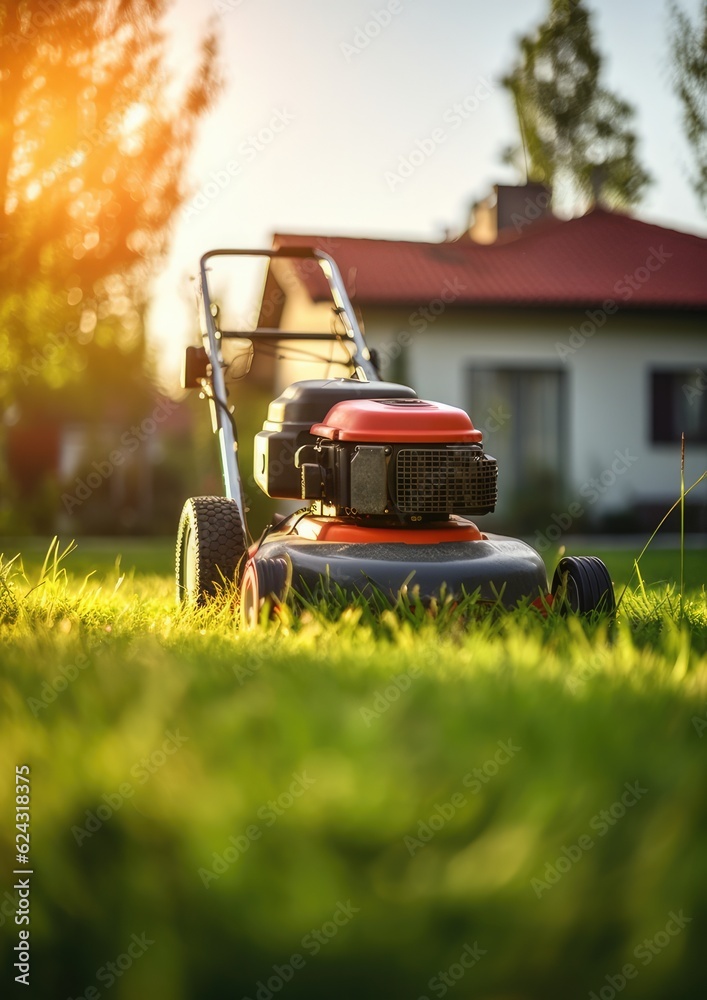 Fototapeta premium A lawn mower is being used to mow the grass. Generative Ai.