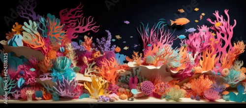 Vibrant paper art of an underwater coral reef scene with fish. © AdriFerrer