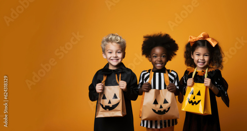 Obraz na płótnie Three multicultural children in Halloween costumes smiling and holding candy bag
