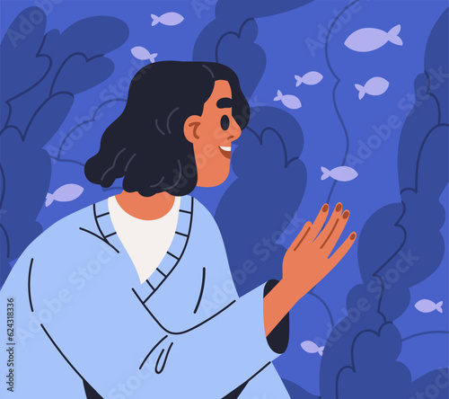 Person watching small fishes in water behind aquarium glass in oceanarium. Happy woman, excited girl looking underwater sea aquatic animals in tank in marine mammal park. Flat vector illustration