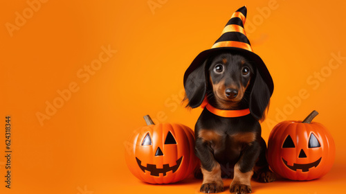 cute dachshund puppy dog with halloween witch costume hat and jack-o'lantern pumpkins over orange background with copy space photo