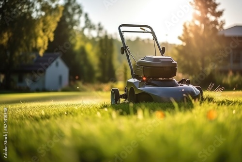 A lawn mower is being used to mow the grass. Generative Ai.