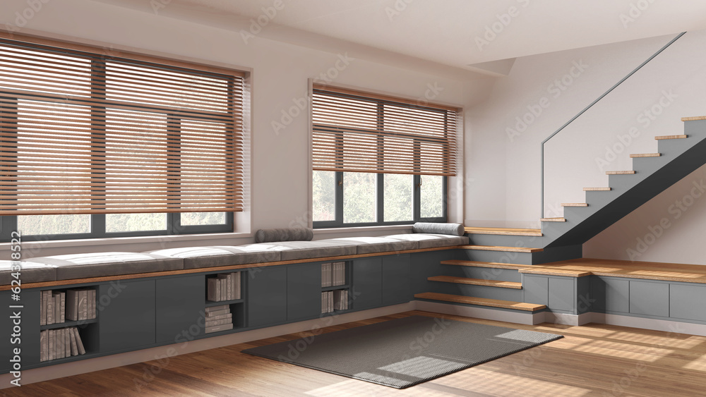 Wooden hallway living room in white and gray tones. Bench with cabinets and pillows, minimal staircase and panoramic windows. Parquet, scandinavian interior design