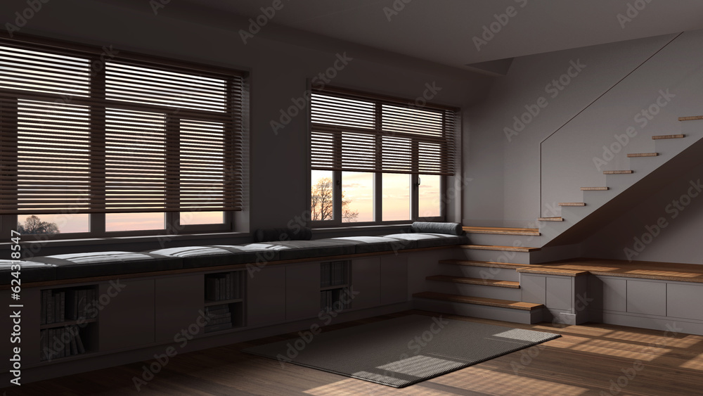 Dark late evening scene, wooden hallway living room. Bench with cabinets and pillows, minimal staircase and panoramic windows. Parquet, scandinavian interior design Dark late evening scene, wooden hallway living room. Bench with cabinets and pillows, minimal staircase and panoramic windows. Parquet, scandinavian interior design