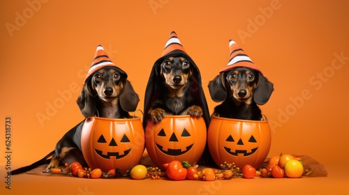 three dachshund puppy dogs with halloween witch costume hats and jack-o'lantern pumpkins over orange background with copy space