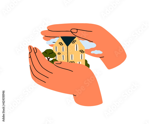 Sweet home care and protection. Hands holding, covering, protecting native house with love. Real estate insurance, safety, security concept. Flat vector illustration isolated on white background