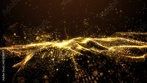 Beautiful golden particles wave and light abstract background with shining particle form floor stars dust flare. Futuristic glittering Luxurious gold sparkling on background.