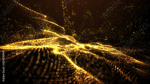 Beautiful golden particles wave and light abstract background with shining particle form floor stars dust flare. Futuristic glittering Luxurious gold sparkling on background. photo