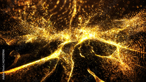 Beautiful golden particles wave and light abstract background with shining particle form floor stars dust flare. Futuristic glittering Luxurious gold sparkling on background.