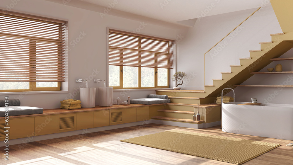 Fototapeta premium Minimal wooden bathroom in white and yellow tones. Bathtub and washbasin, shelves, minimal staircase and panoramic windows. Parquet, japandi interior design