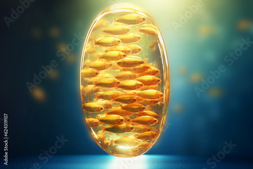 3D rendered illustration concept of a school of fishes swimming inside a fish oil capsule