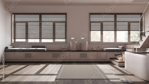 Minimal dark wooden bathroom in white and beige tones. Bathtub and washbasin  carpet  minimal staircase and panoramic windows. Parquet  japandi interior design