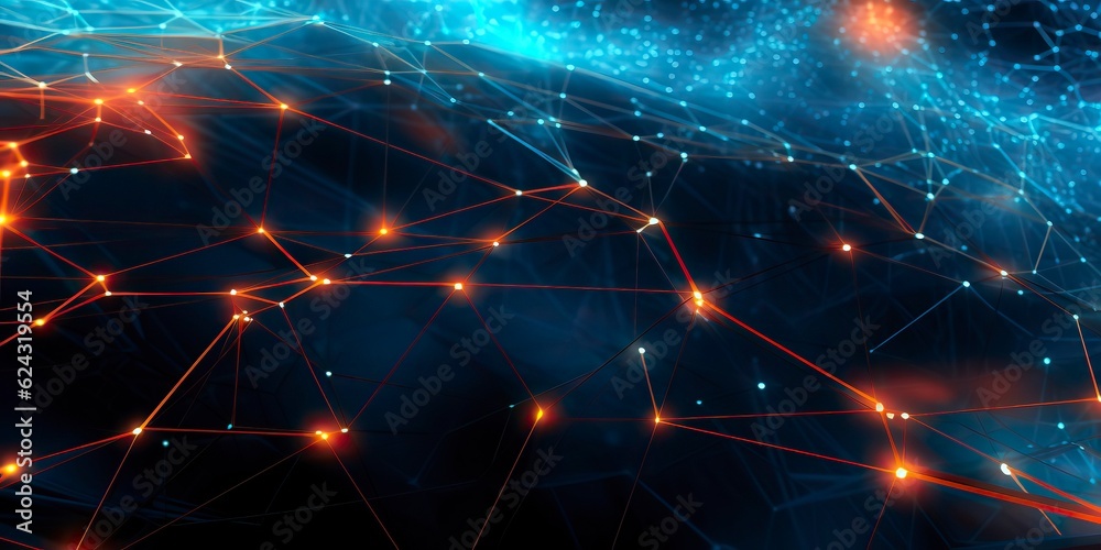 Fototapeta premium A background featuring a futuristic grid pattern, with intersecting lines, nodes. Digital illustration. Generative AI