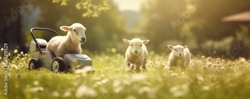 Sheeps in garden with a lawnmower, bokeh background, sunlight, panorama. Generative Ai. photo