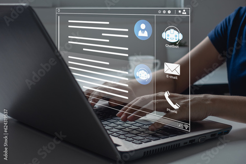 Chatbot conversation concept. Business people use online customer service with chatbot to get support. Artificial intelligence Virtual assistant and CRM software automation technology on internet. photo