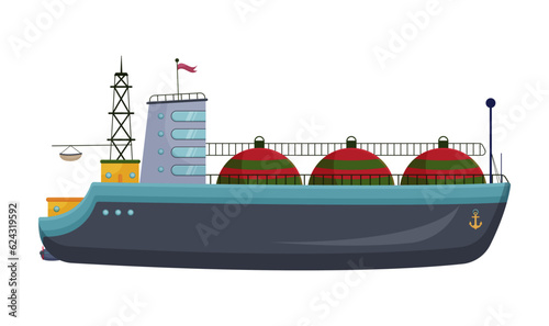 Cargo ferry boat. Gas tanker transport. Vessel with containers. Nautical ship. Freight shipping. Heavy commercial delivery. Sea transportation. Isolated on white background. Vector illustration