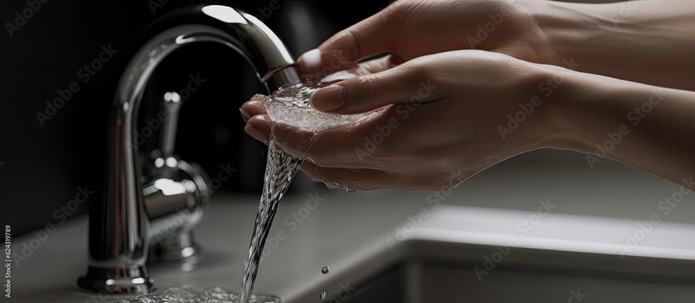 Close-up of hands catching clear water from a chrome tap.