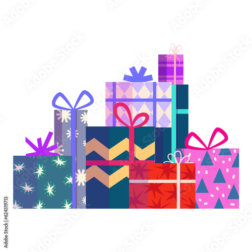 Gift Christmas present stack. Colorful group box with ribbon. Holiday xmas giftbox stack. Cartoon vector illustartion. Gift xmas pile.