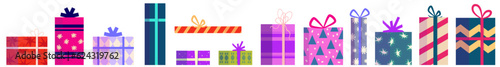 Gift Christmas present set. Colorful box with ribbon. Holiday xmas giftbox. Cartoon vector illustartion. Gift xmas with ribbon.