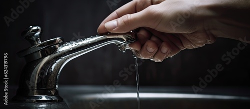 Hand turning off a dripping water tap, conserving resources. photo