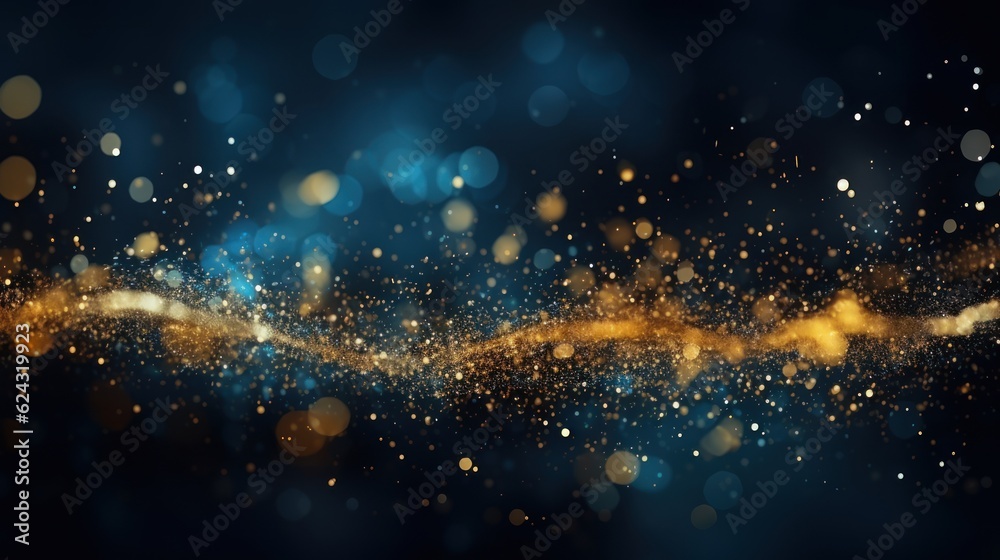 Abstract background with dark blue and gold particles, golden Christmas light particles shine bokeh on a dark blue background, gold foil texture concept. Abstract background with dark blue and gold particles, golden Christmas light particles shine bokeh on a dark blue background, gold foil texture concept.