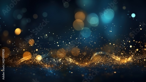 Abstract background with dark blue and gold particles  golden Christmas light particles shine bokeh on a dark blue background  gold foil texture concept.