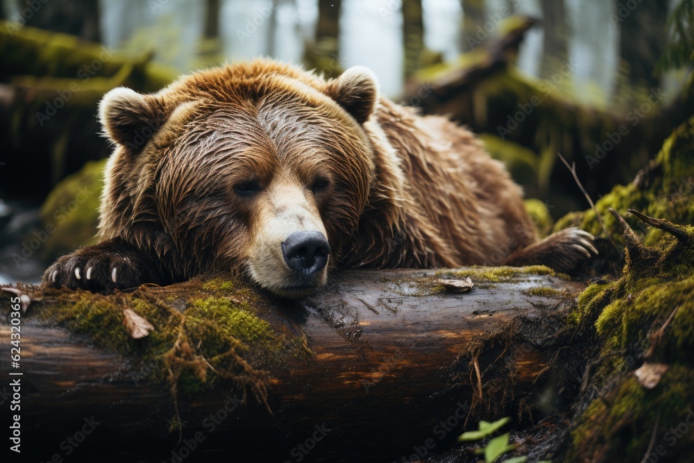 Fototapeta premium Resting in the forest is a brown bear. Generative AI