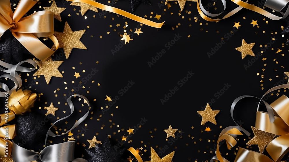 New Years Eve corner border banner of glittery gold stars, streamers ...