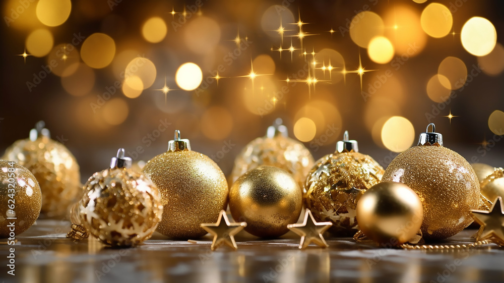 Christmas background with golden star. New Year's decor. Christmas balls in smowdrifts and golden bokeh lights, Blurry background, template, Bokeh, Copy Space, Generative AI Christmas background with golden star. New Year's decor. Christmas balls in smowdrifts and golden bokeh lights, Blurry background, template, Bokeh, Copy Space, Generative AI