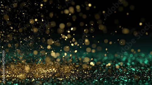 Sprinkle gold  green dust on a green background in the dark,Sparkling green  glitter powder on green background,christmas background,Sprinkle dust green light Christmas and happy new year.